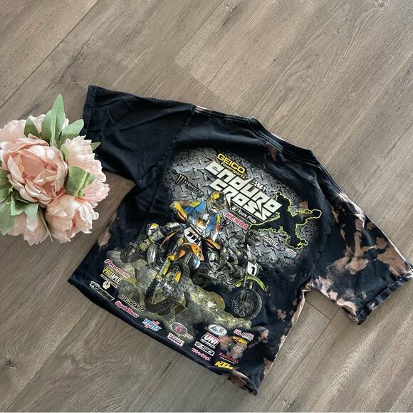 Endurocross Dirt Bike Taddy Black Upcycle Bleach Cropped Top - Picture 1 of 2